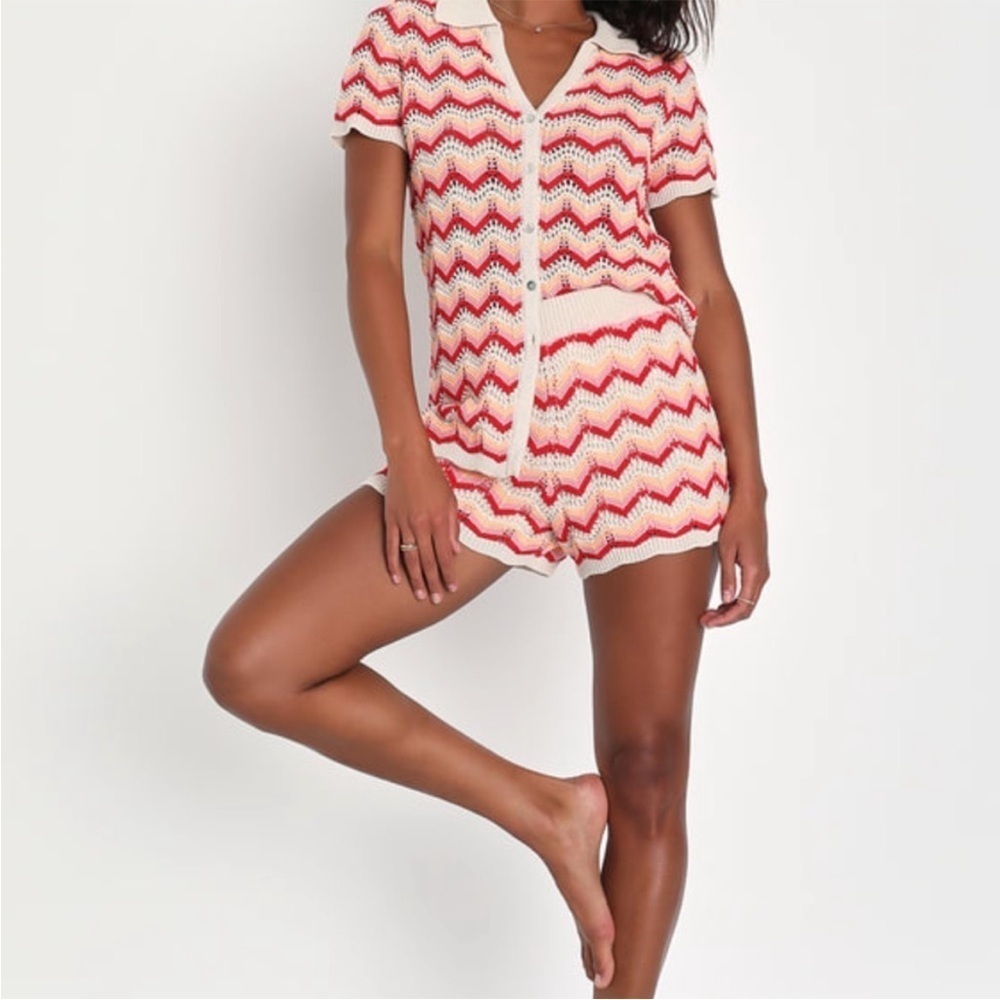 Lulus Resort Beach Cream Pink Multi Chevron Crochet Top make waves knit sweater
